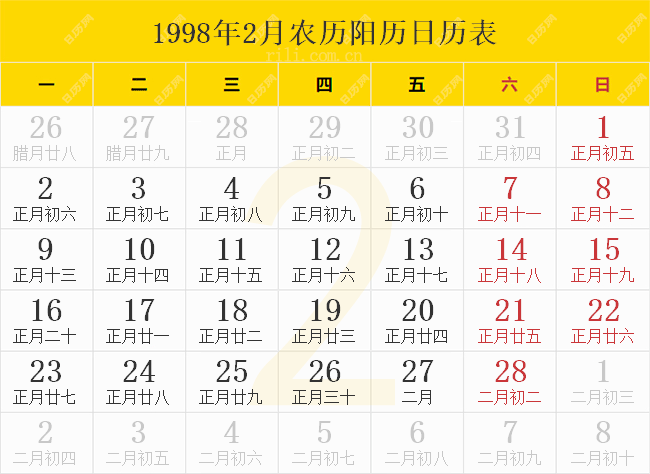 1998年2月農歷陽歷日歷表