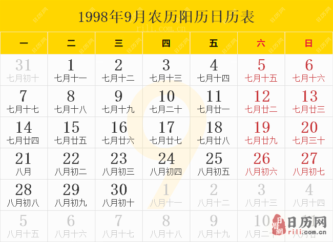 1998年9月農歷陽歷日歷表