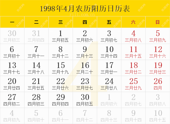 1998年4月農歷陽歷日歷表