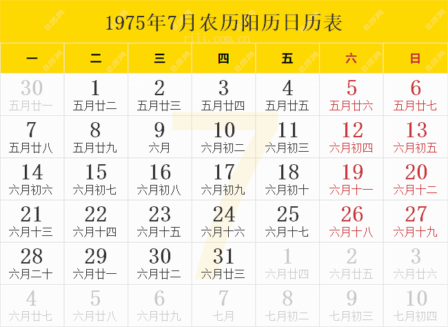 1975年7月農歷陽歷日歷表