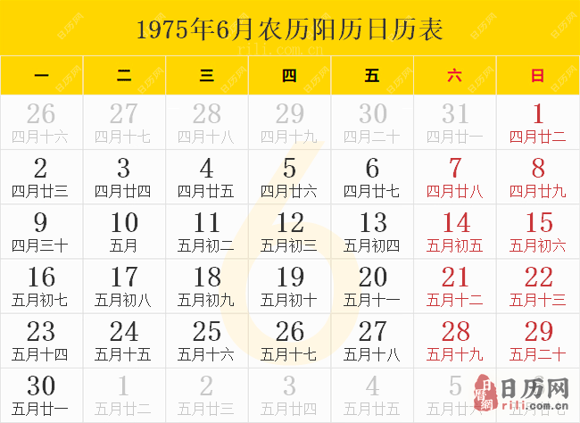 1975年6月農歷陽歷日歷表