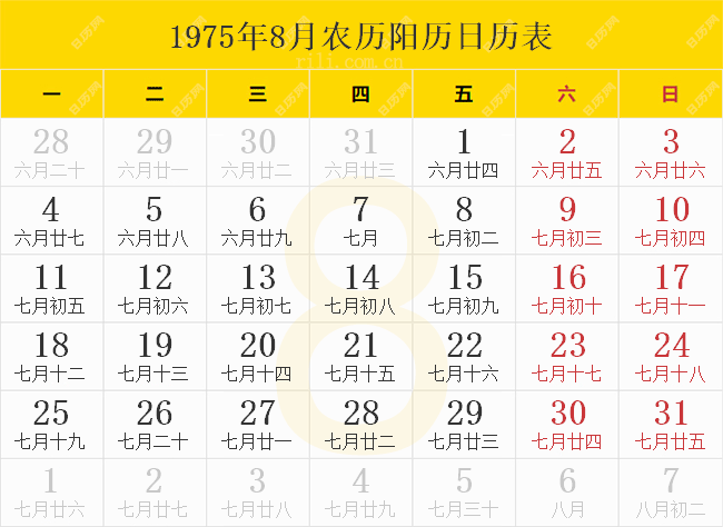 1975年8月農歷陽歷日歷表