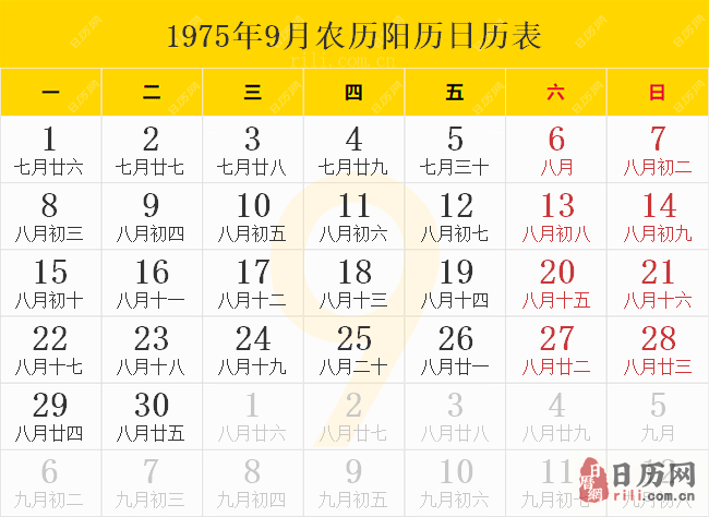 1975年9月農歷陽歷日歷表