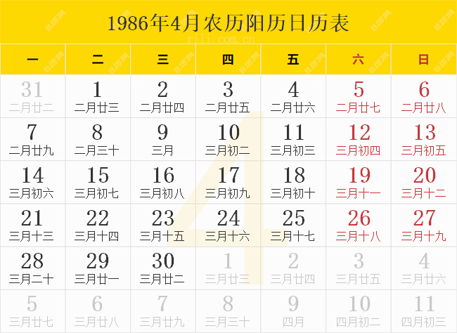 1986年4月農歷陽歷日歷表