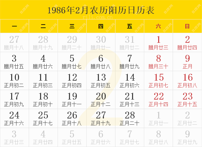 1986年2月農歷陽歷日歷表