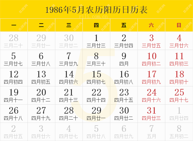 1986年5月農歷陽歷日歷表