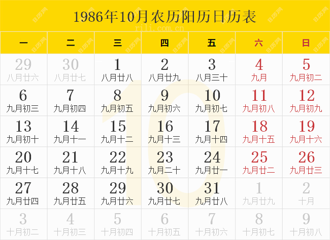 1986年10月農歷陽歷日歷表