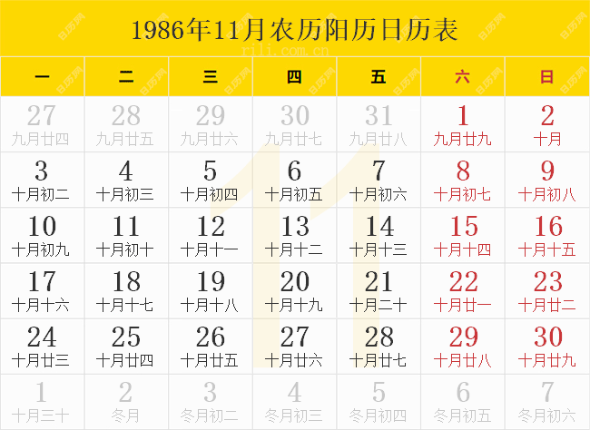 1986年11月農歷陽歷日歷表